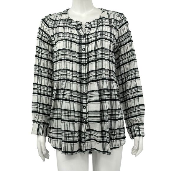 Anthropologie‎ Top Women 2 Black White Plaid Tunic Button Up Wool Boho Oversized - Picture 1 of 8